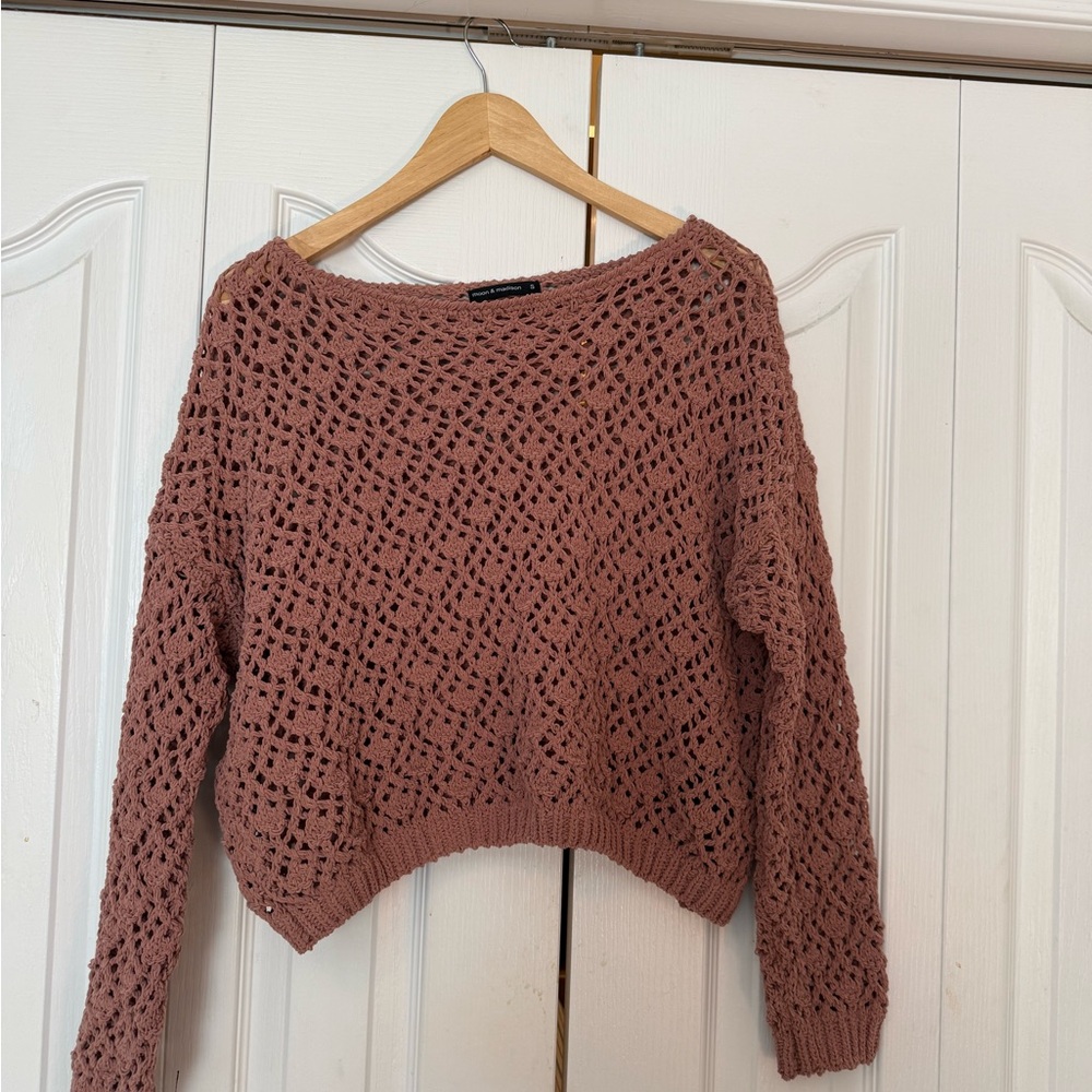 Moon and Madison Openweave Crochet Knit Sweater - Mauve Pink